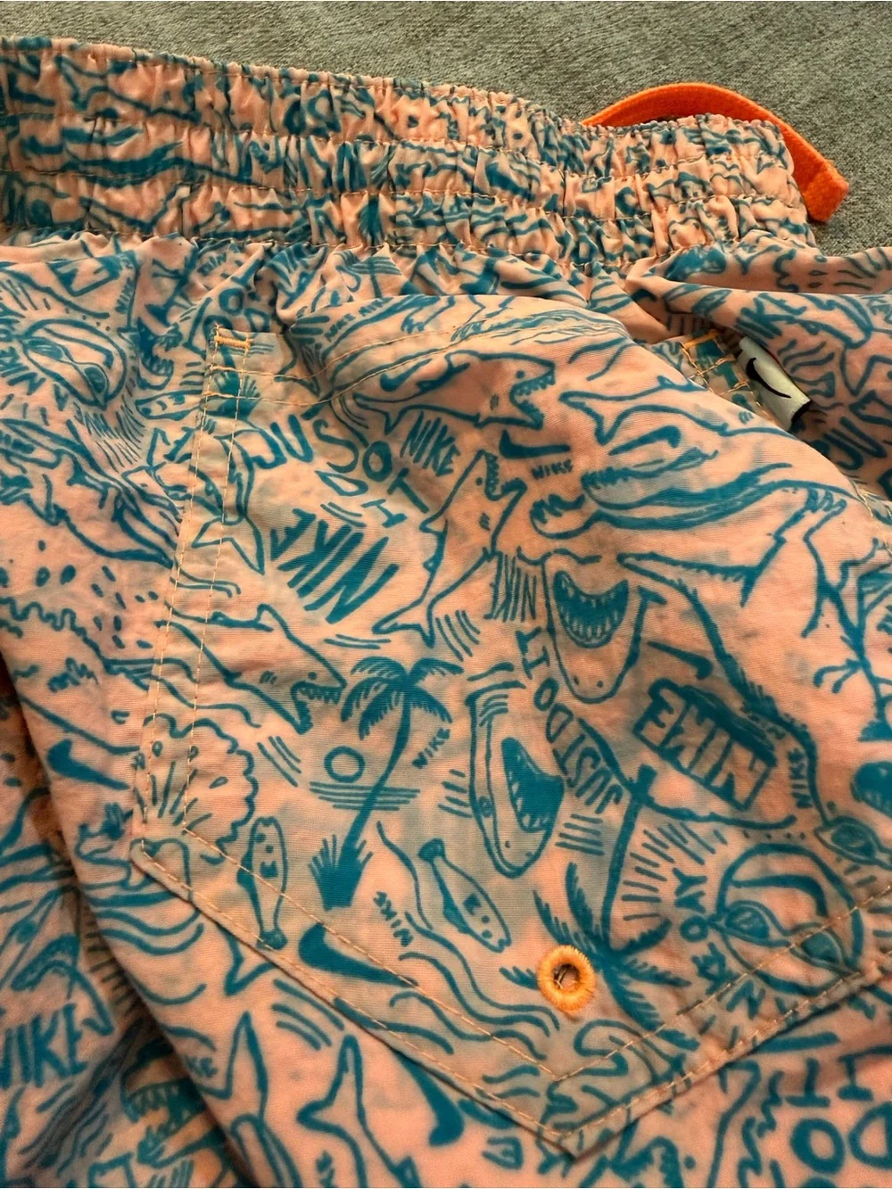 Nike Coral Swim Shorts with Blue Print and Orange Drawstring size XL 3 pockets